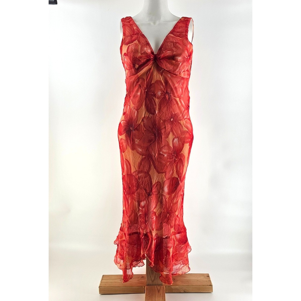 Vintage Slip Dress Small Red Floral Mesh V-Neck Midi Y2K Whimsigoth Fairy HoCo